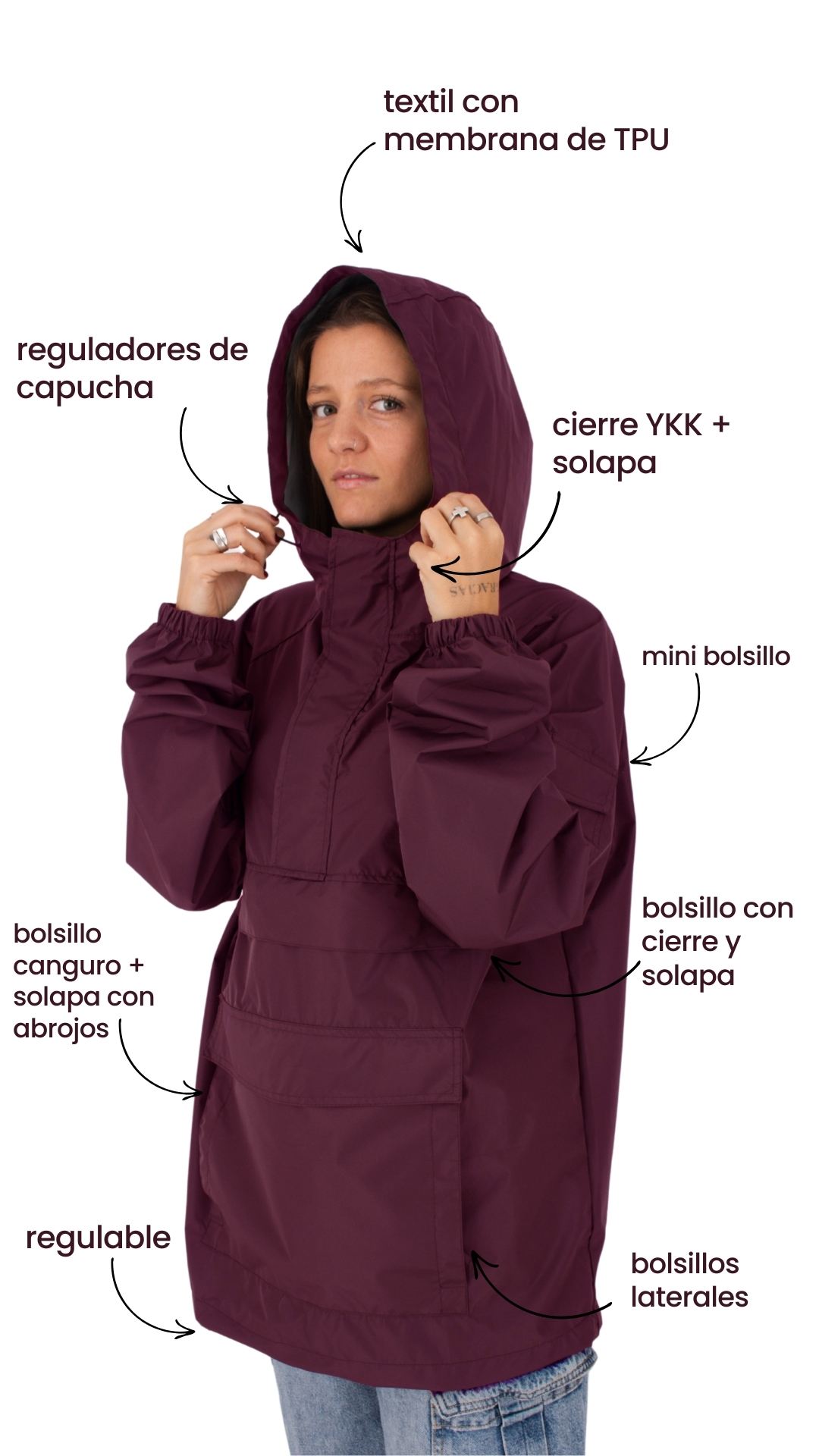 textil con membrana de TPU reguladores de capucha mini bolsillo cierre YKK + solapa bolsillo con cierre y solapa regulable bolsillo canguro + solapa con abrojos bolsillos laterales